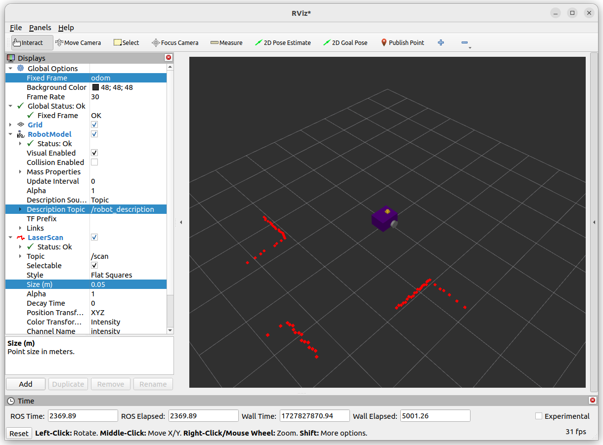 Visualising a differential drive robot with lidar from a Gazebo simulation in RVIZ.