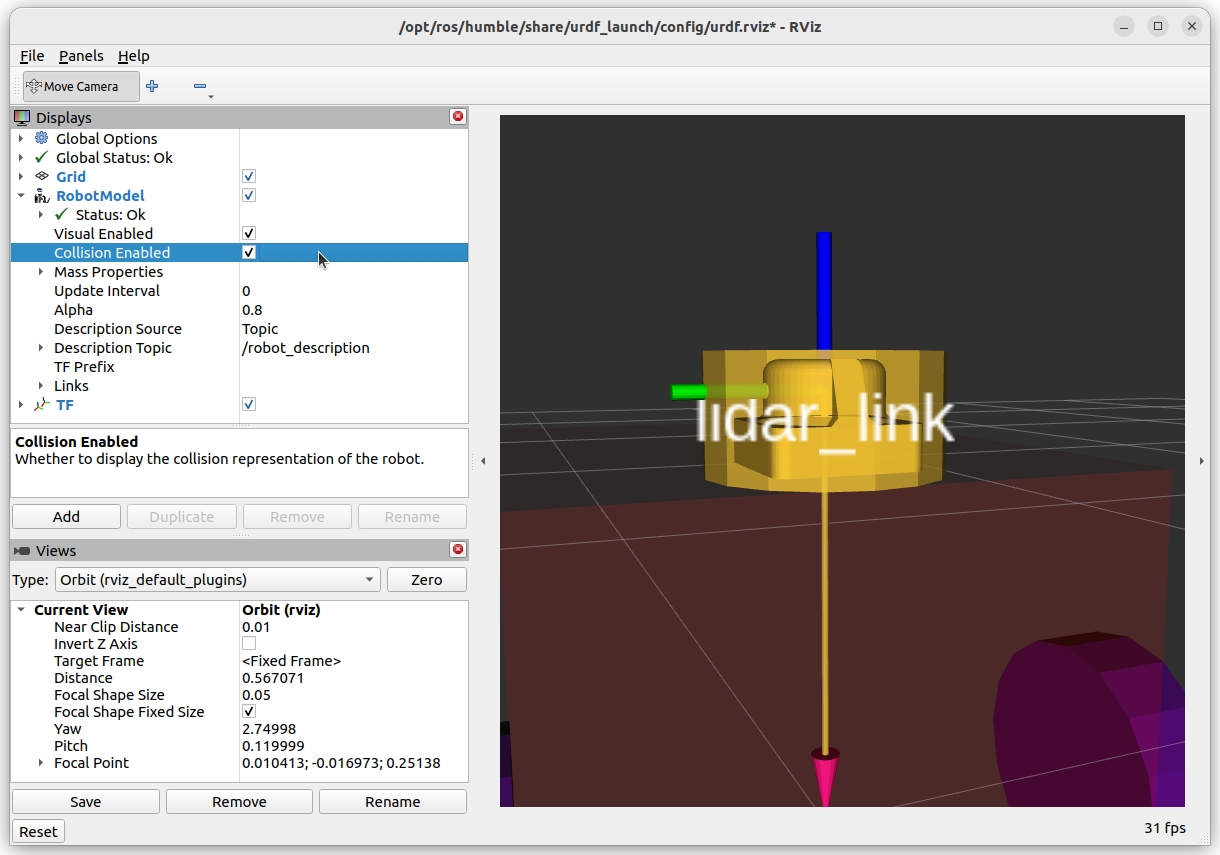 RVIZ screen capture of a mesh, using a cylinder primitive as a collision geometry.