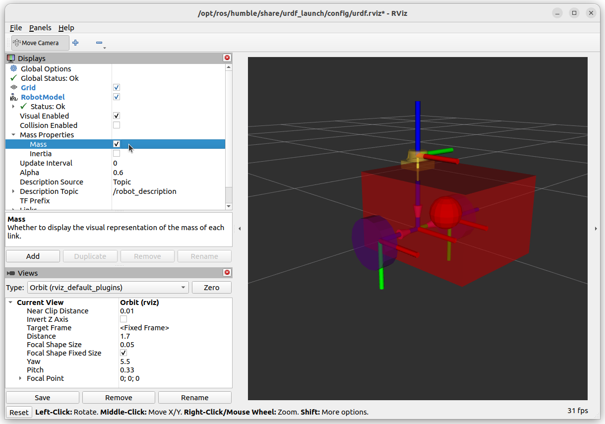 RVIZ screen capture of a cube with it's centre of mass highlighted by a small sphere.